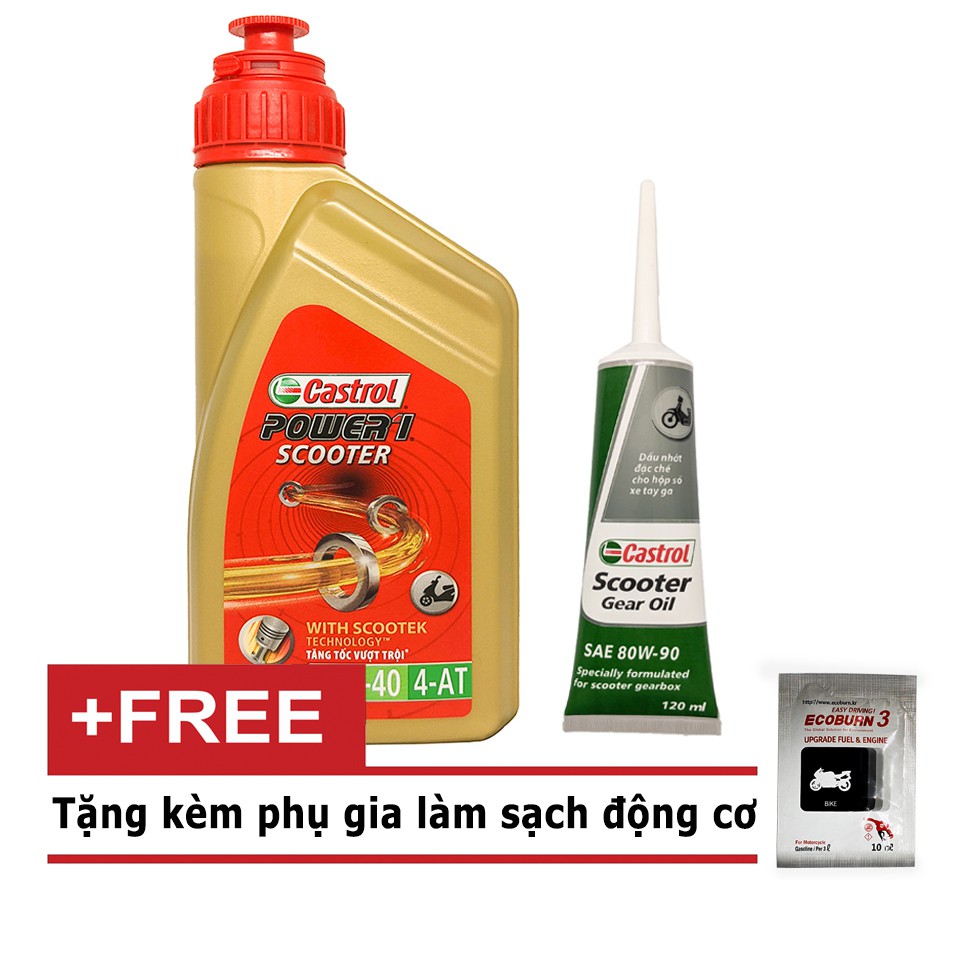 COMBO Nhớt Tay Ga CASTROL POWER  SCOOTER 10W40 0.8 L+ Nhớt Lap Castrol 120Ml-Tặng gói phụ gia động cơ