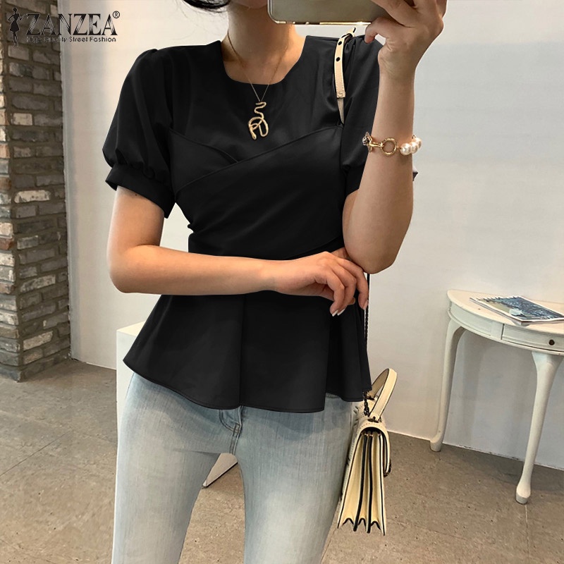 Áo kiểu Zanzea tay ngắn cổ tròn cột nơ lưng sau thời trang Hàn Quốc cho nữ