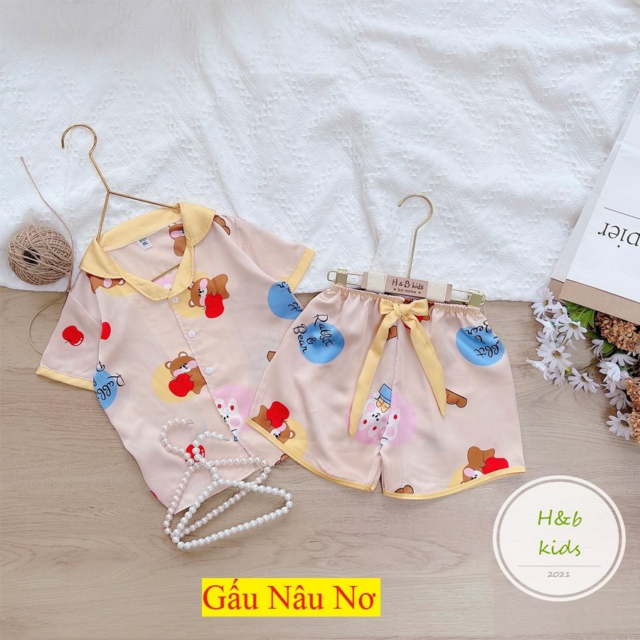 [16KG-35KG] Bộ Mặc Nhà Pijama Lụa Phối Nơ Cao Cấp Tay Cộc Cho Bé Gái - Chất Liệu Lụa mềm Mịn Thoáng Mát