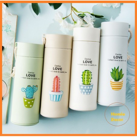 Bình nước in hình xương rồng 450ml lõi thủy tinh bọc vỏ nhựa lúa mạch có dây đeo (Màu ngẫu nhiên)