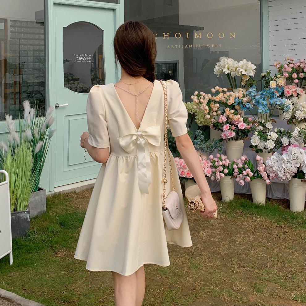 Váy đầm nơ lưng nhiều màu tay ngắn cực sang phong cách Hàn Quốc