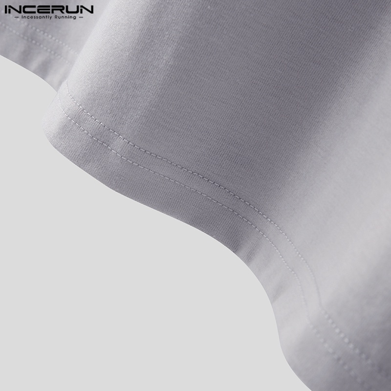 Áo thun INCERUN màu trơn cổ tròn dáng rộng đơn giản thời trang nam