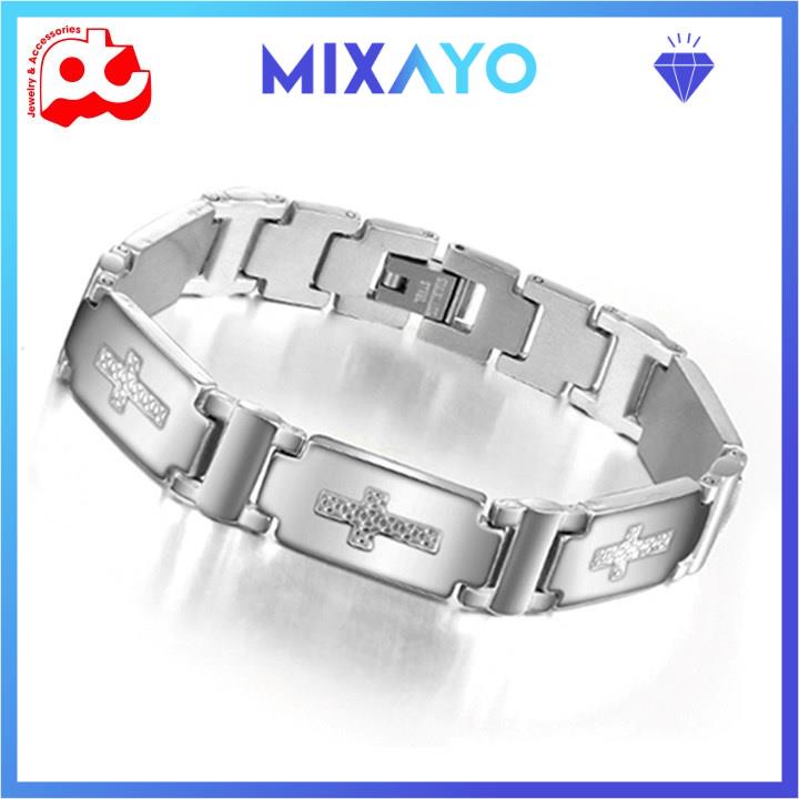 Lắc tay titan nam cao cấp đẹp sang trọng inox thép không gỉ kiểu chạm thánh giá MIXAYO màu trắng PTLTNA97