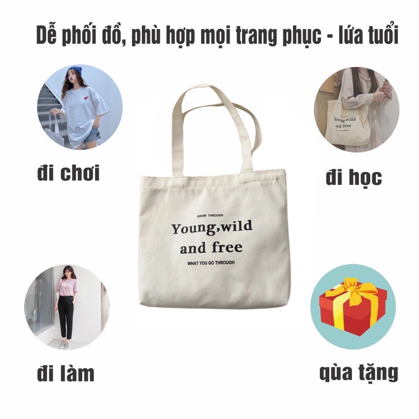Túi vải tote cho nữ có khóa kéo tiện lợi in họa tiết chữ siêu hót giá rẻ