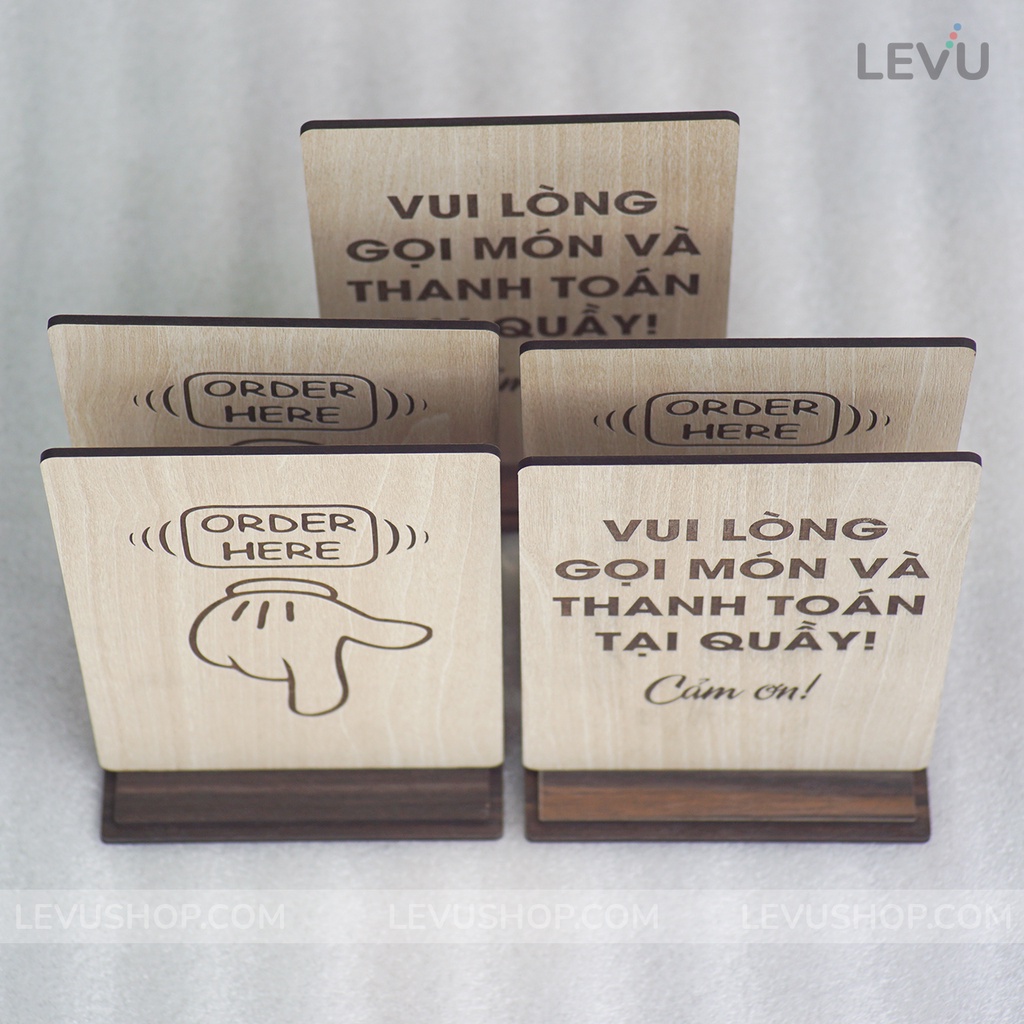 Bảng gỗ để bàn Order here 2 mặt vui lòng gọi món tại quầy khắc laser có chân đế LEVU-BG20