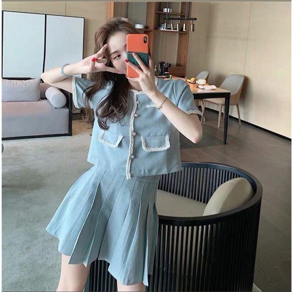 Set bộ tiểu thư S-L chân váy vân hoa mã diện áo Hán Phục cách tân