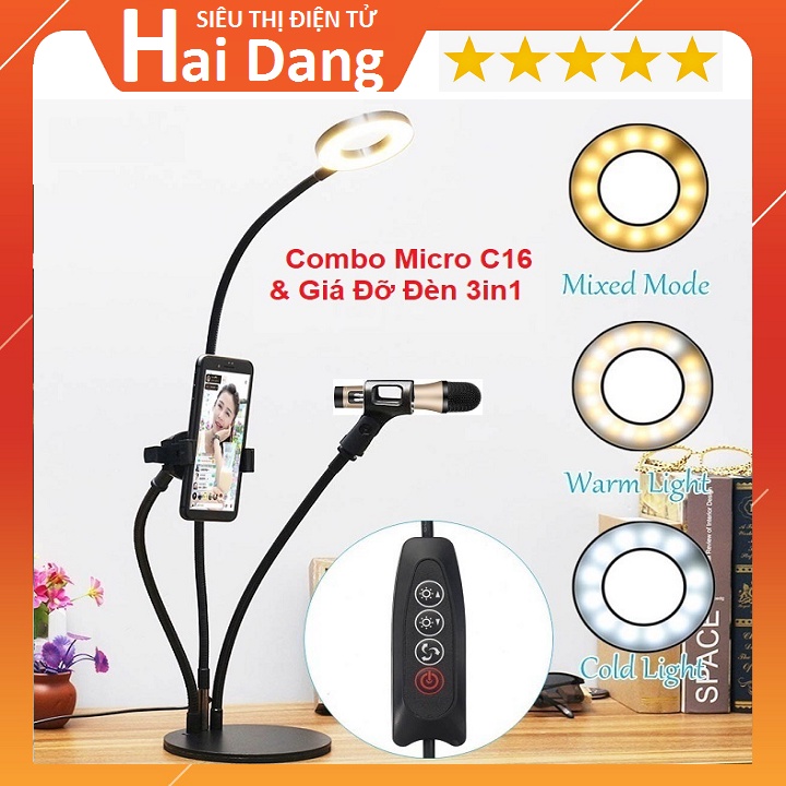 Micro C16 Bluetooth, Giá Đỡ Đèn 3in1, Tặng Tai Nghe - Combo Mic C16 Livestream Hát Karaoke Giả Giọng Cực Hay - New 2022