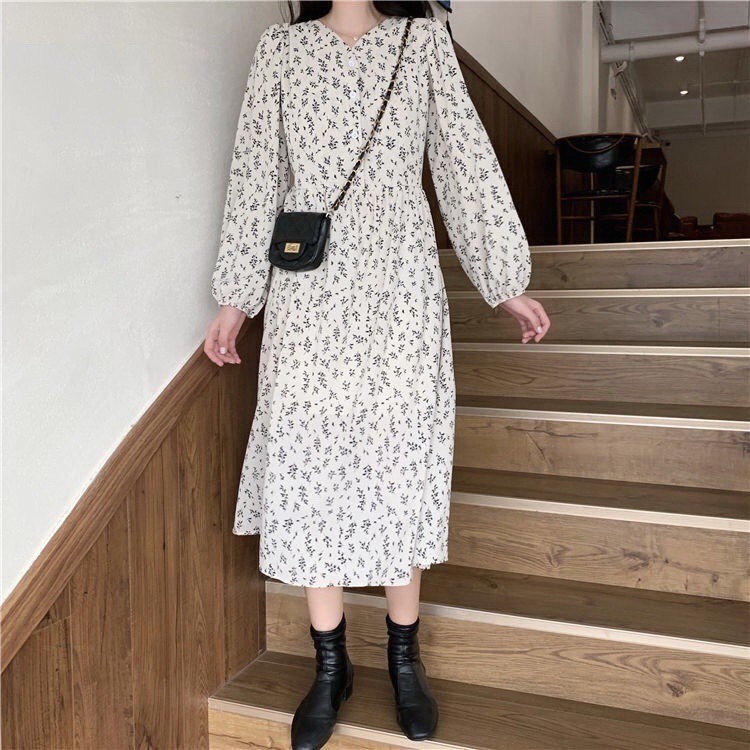 [Ảnh thật] Đầm - Váy babydoll hoa nhí cổ V dáng dài cài cúc ulzzang