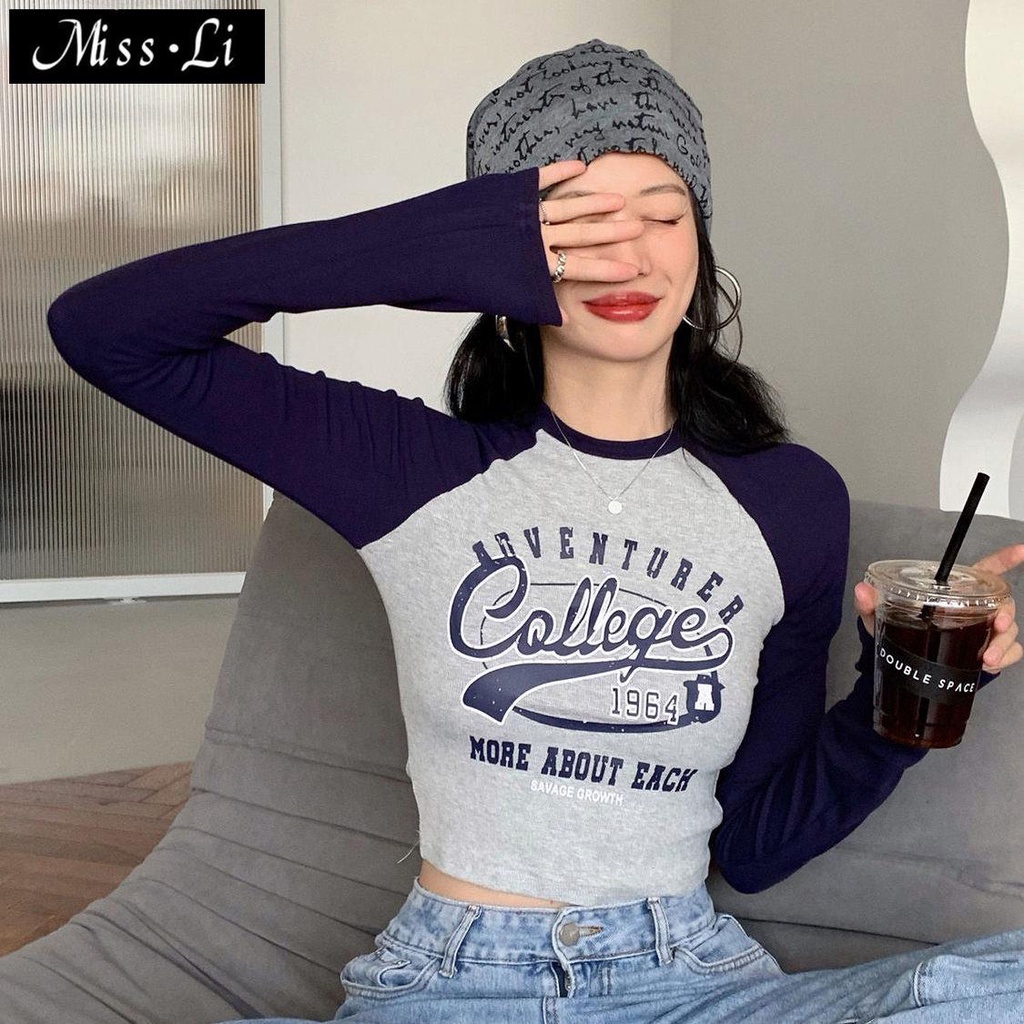 Áo Thun Dài Tay Ôm Dáng In Chữ Phong Cách Retro Mỹ Cho Nữ