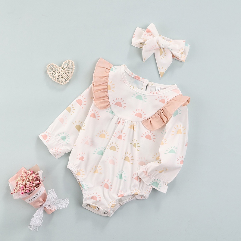 Bộ Áo Liền Quần Tay Dài Cổ Tròn In Hình Mặt Trời + Băng Đô Cài Tóc Xinh Xắn Cho Bé Gái 0-18 Tháng Tuổi