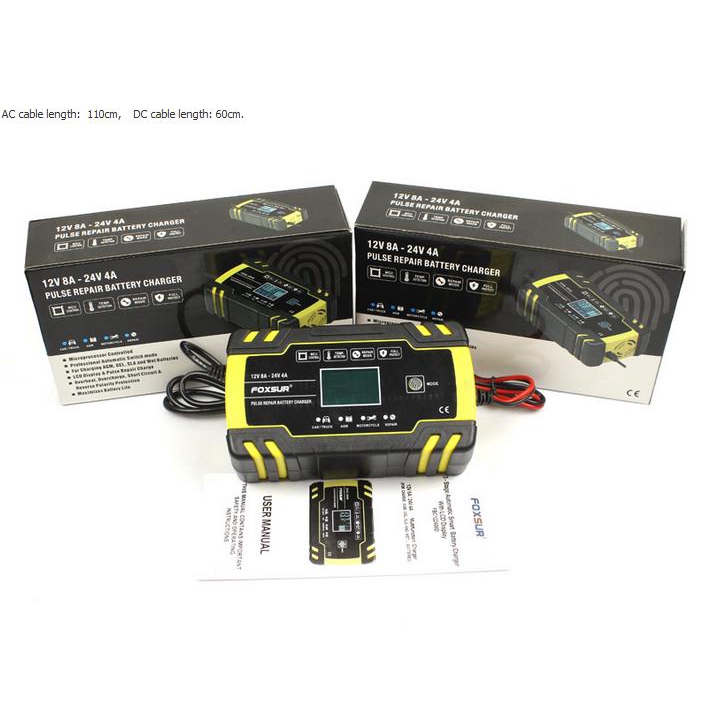Máy sạc bình ắc quy ô tô xe máy 12V-24V 4-150Ah FOXSUR có chức năng khử sunfat thông minh tự ngắt khi đầy chống ngược cự