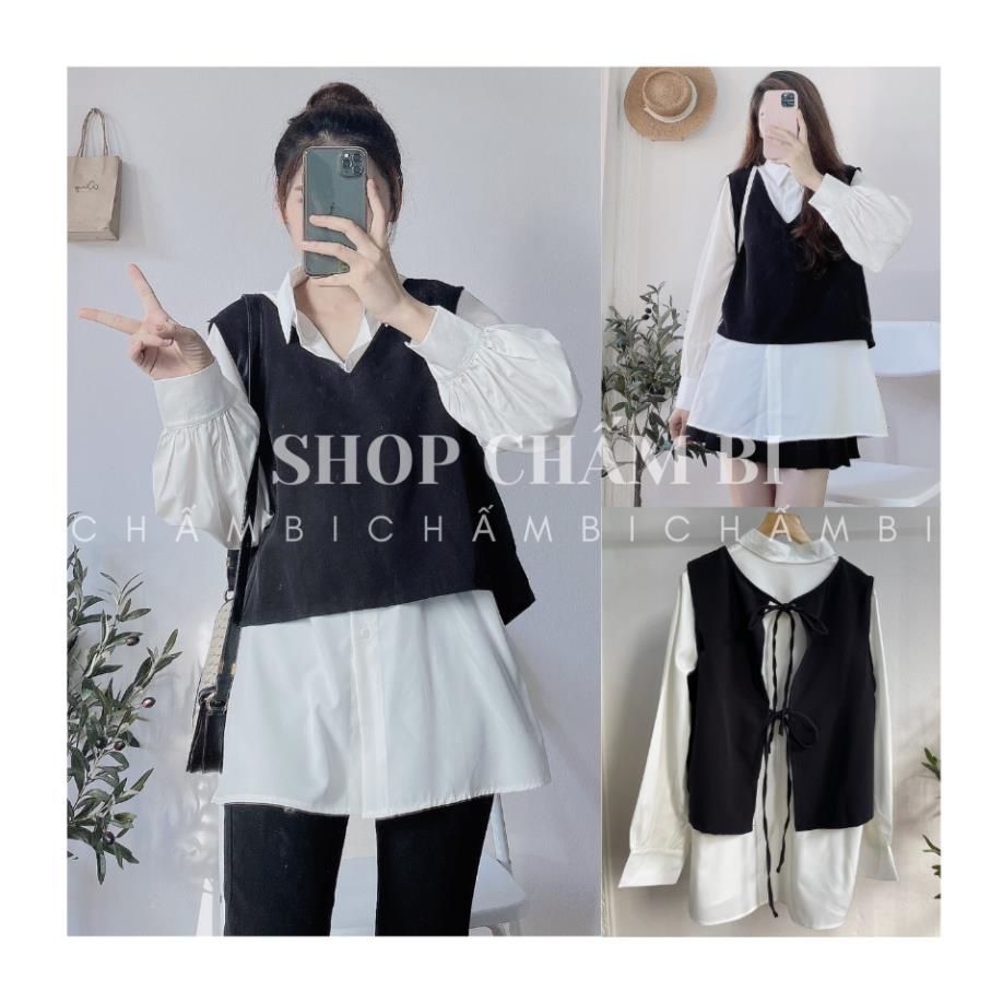 Set đồ nữ sang chảnh A.248, Áo sơ mi trắng nữ và áo gile đen cổ V thắt dây nơ lưng (mặc được hai kiểu)