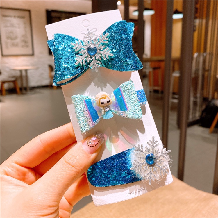 Bộ 3 Kẹp Tóc Nơ / Tuyết / Công Chúa Elsa Xinh Xắn Cho Bé Gái