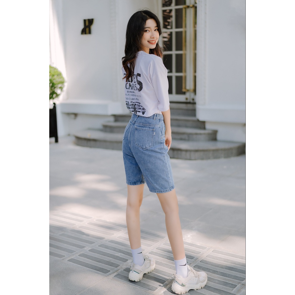 QUẦN SHORT JEANS NỮ HAIQUANG CAO CẤP CẠP CAO ỐNG RỘNG MÀU XANH NHẠT