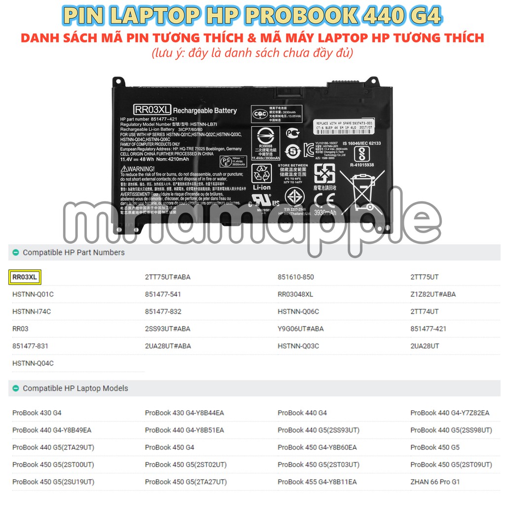 Pin Laptop HP PROBOOK 440 G4 RR03XL (ZIN) - 6 CELL - Probook 430 G4, 430 G5, 440 G4, 440 G5, 450 G4, 450 G5, 455 G4