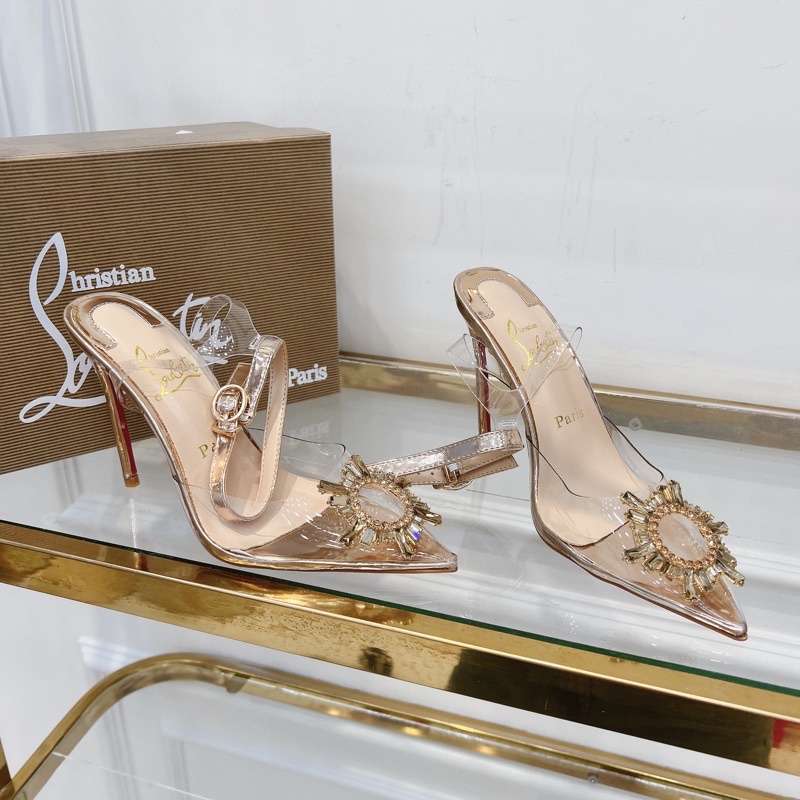 Sandal cao gót mica trong bít mũi tag hoa đá gold gót nhọn fullbox hàng quảng châu cao cấp