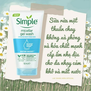 [Auth Đài Loan] SỮA RỬA MẶT CẤP ẨM LÂU DÀI SIMPLE WATER BOOST MICELLAR GEL WASH CHO DA NHẠY CẢM KHÔ VÀ MẤT NƯỚC