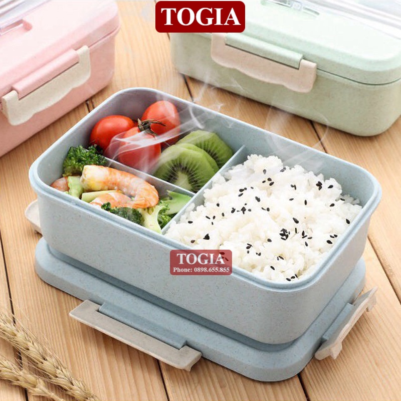 Hộp Cơm Lúa Mạch Chia Ngăn - Hôp Cơm Văn Phòng 3 Ngăn Kèm Đũa Thìa Sử Dụng Lò Vi Sóng An Toàn TOGIA
