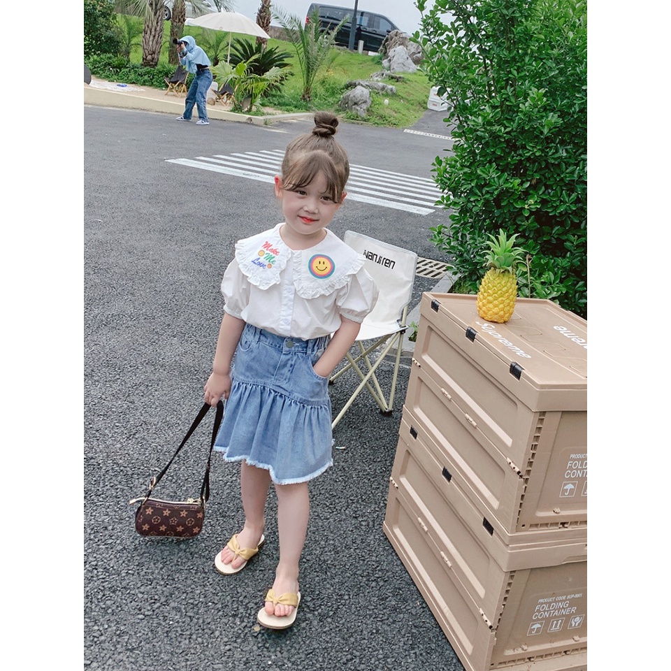 Sét váy đuôi cá kèm áo sơ mi trắng cho bé gái, sét áo sơ mi trắng Make me love phối chân váy jean tua rua cho bé