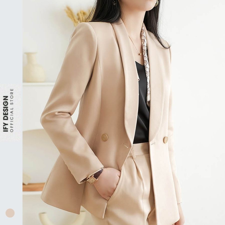 Áo vest nữ màu be cổ sam lệch vạt, quần baggy cạp nhỏ chính hãng IFY DESIGN - AO0171 QU0061
