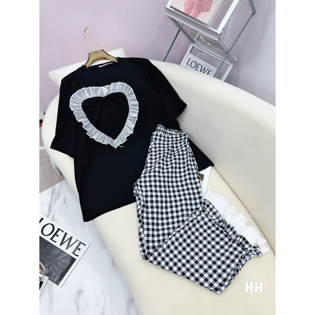 Set Đồ Bộ Nữ, Set Bộ Mặc Nhà ÁO Cộc Quần Dài Kẻ Caro Đen Cực Xịn Hàng Quảng Châu Loại 1 Minxu Shop SE01