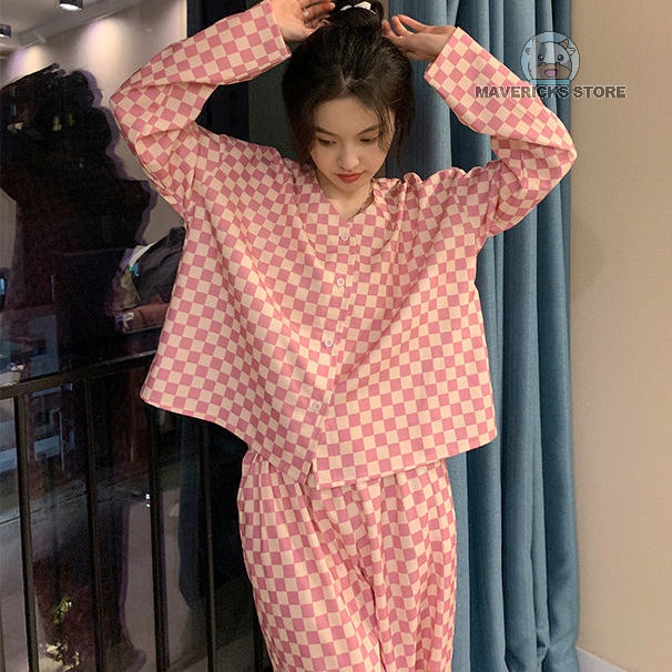 Bộ đồ ngủ pijama dài tay họa tiết kẻ caro trắng đỏ thời trang mùa thu mới thoải mái cho nữ