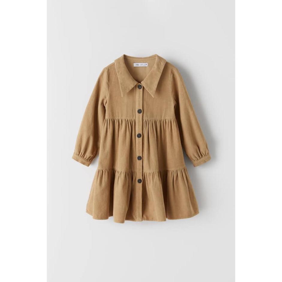 Váy bé gái - Đầm Zara nhung tăm vàng cho bé gái - Dáng baby doll kết hợp cổ sơ mi sang chảnh, dễ mặc size 6-14tuổi