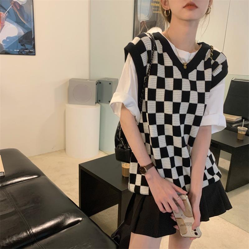 Áo Len Không Tay Cổ Chữ V Form Rộng Họa Tiết Sọc Caro Thiết Kế Mới Thời Trang Theo Phong Cách Hàn Quốc Cho Nữ