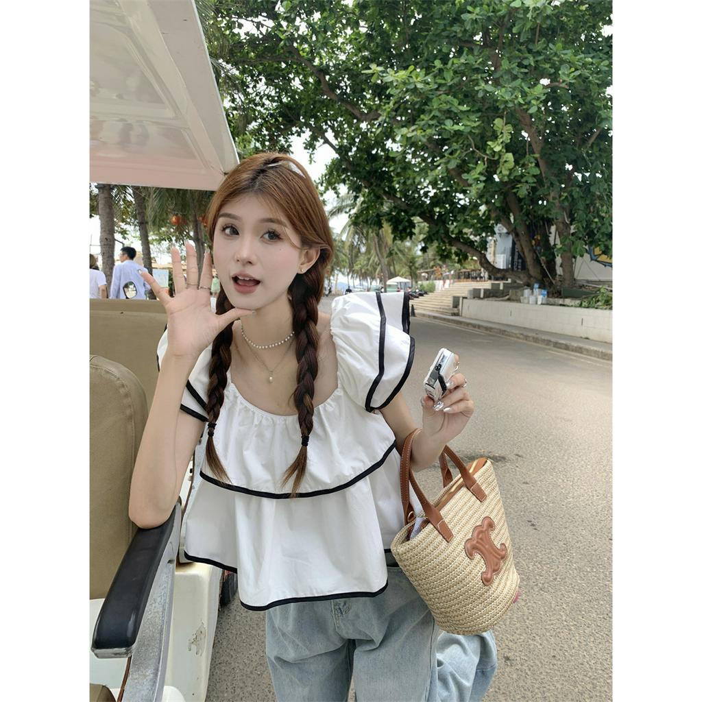 Áo Kiểu Trễ Vai Cổ Lá Sen Thiết Kế Cảm Giác Thoải Mái Chống Tuổi Teen  tao bao