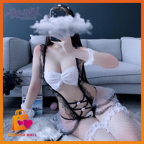 Cosplay cô giúp việc sexy dễ thương full phụ kiện: 2 vòng ren đeo tay, cài tóc đính nơ dễ thương, đôi vớ lưới như hình