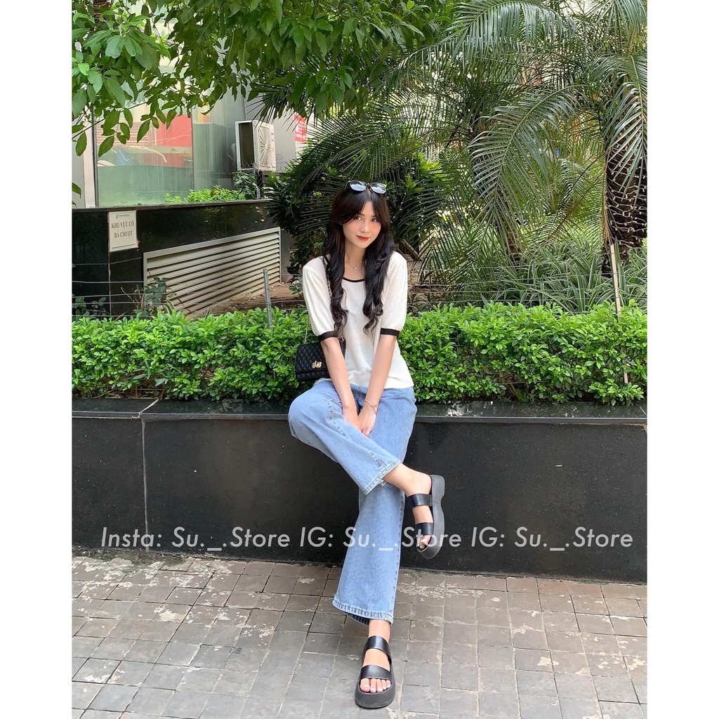 Áo len mongtoghi cộc tay cổ vuông pha viền A2385 SUSTORE