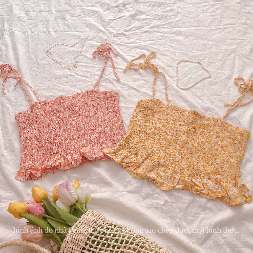 Áo croptop hai dây buộc nơ họa tiết hoa thiết kế basic đơn giản phong cách hàn quốc dành cho nữ
