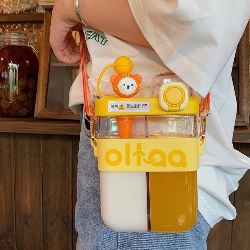 Bình Nước Hình Vuông Dung Tích Lớn 580/800ml Kèm Ống Hút Kiểu Dáng Dễ Thương