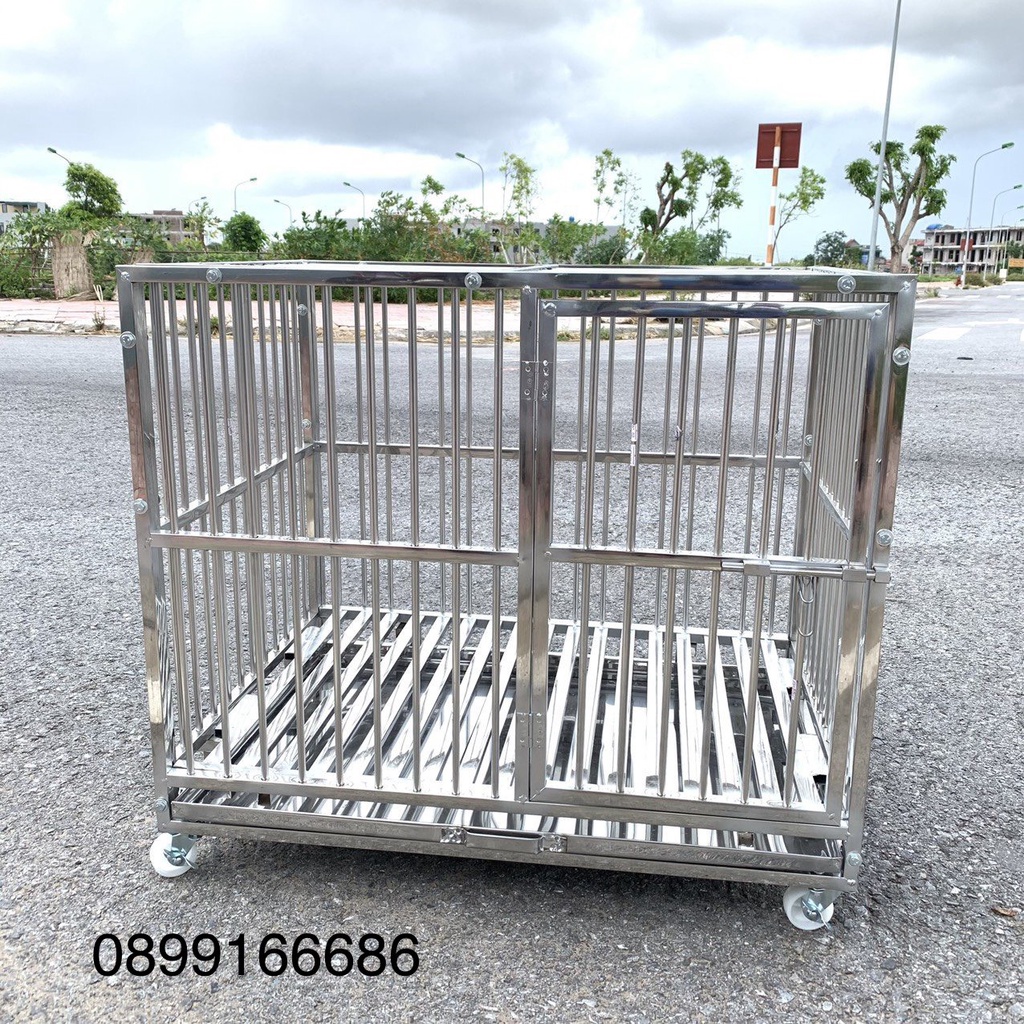 Chuồng inox cho chó mèo 83x60x70cm tháo lắp gấp gọn có bánh xe, khay hứng
