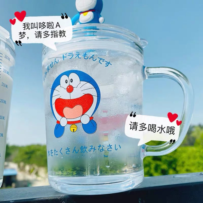 Doraemon Bình Nước Thủy Tinh Có Tay Cầm Và Ống Hút In Hoạt Hình Doremon Đáng Yêu Cho Bé