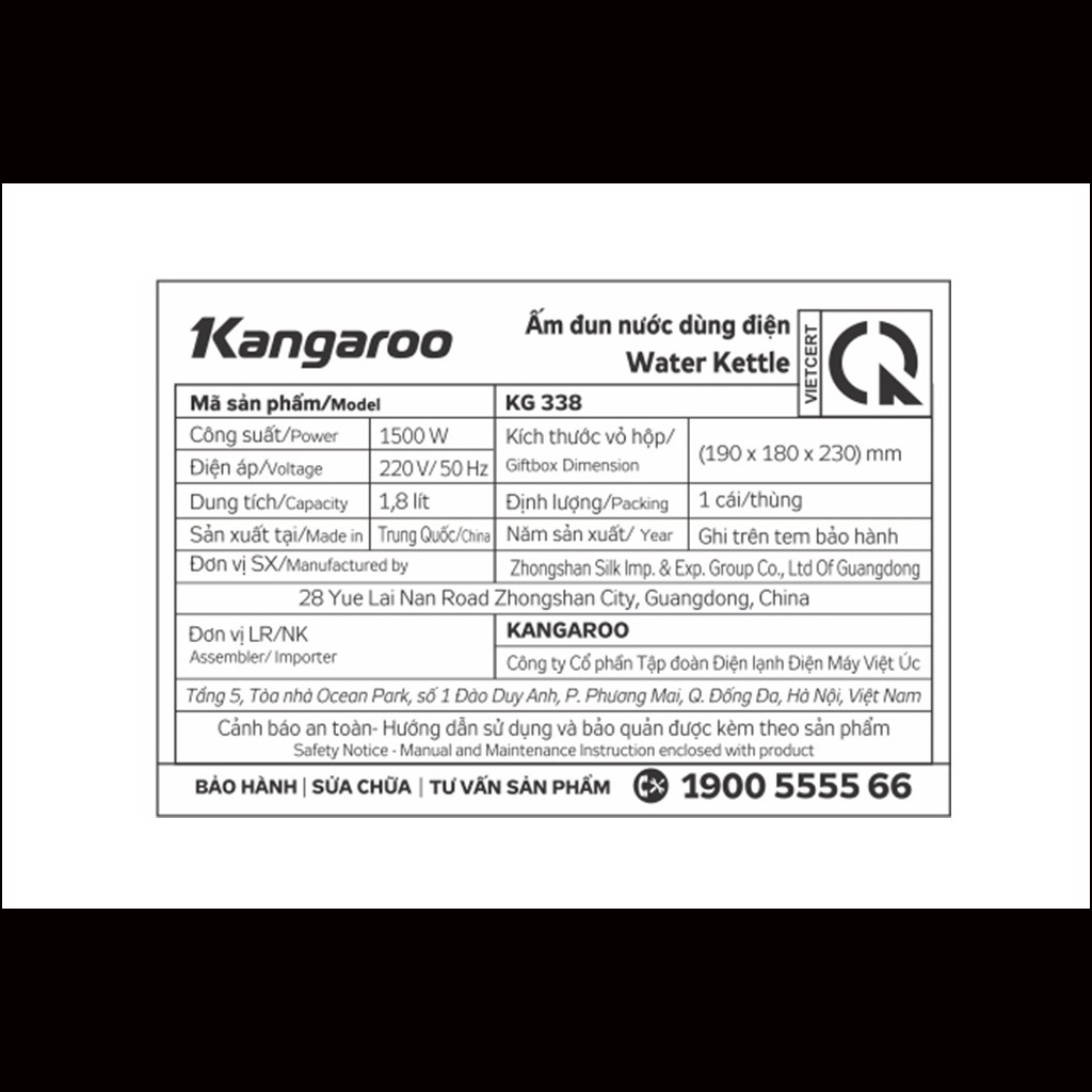 Ấm Siêu Tốc Ấm Đun Nước Kangaroo KG338 1,8 lít Inox Siêu Bền, Không Mùi - Hàng Chính Hãng