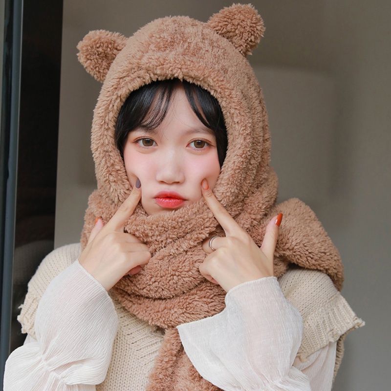 Khăn choàng cổ có mũ trùm đầu màu trơn hình gấu dễ thương phong cách Hàn Quốc