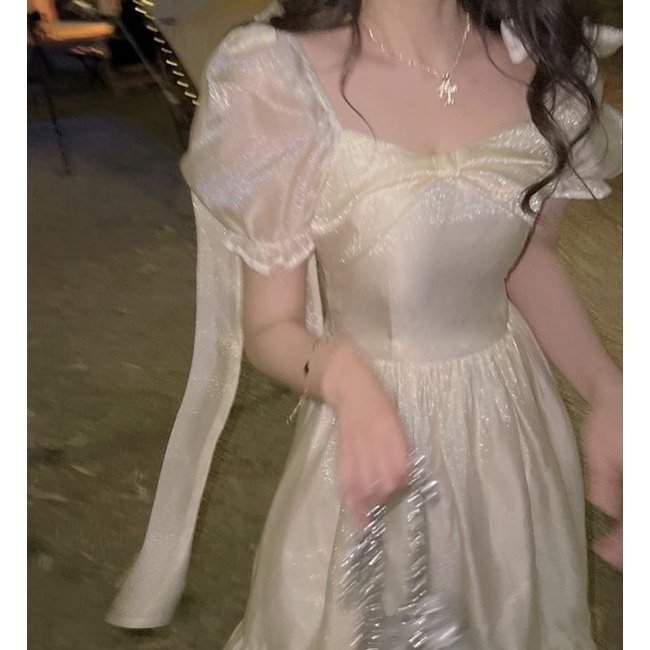 Đầm Công Chúa Tay Phồng Phối Ren Đính Nơ Ngọt Ngào Cho Nữ Sinh