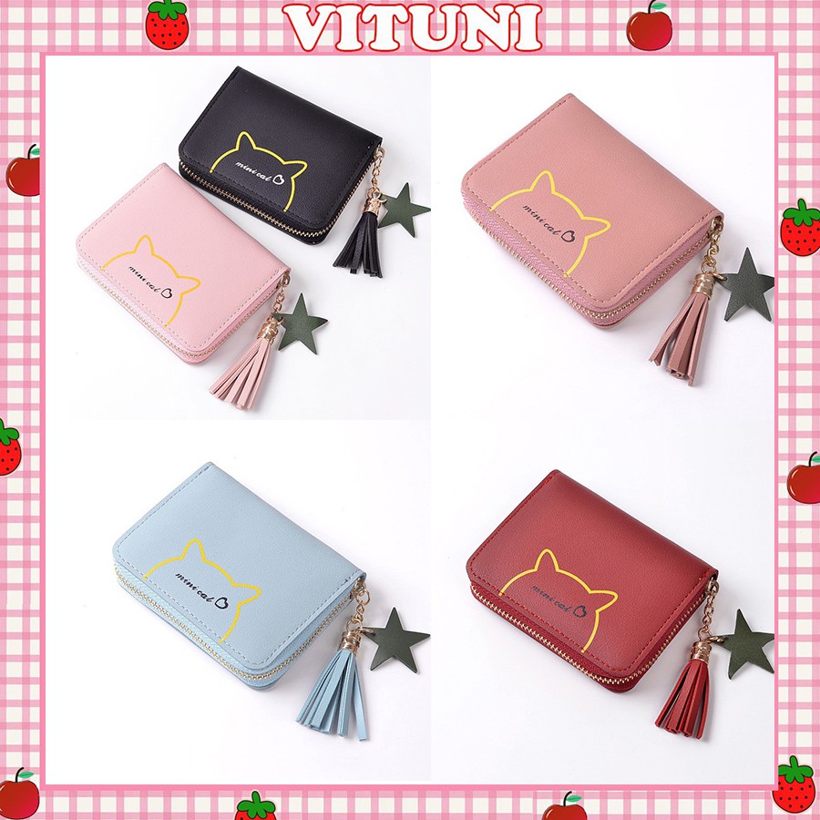 Bóp nữ Vituni ví nữ mini cầm tay thiết kế khóa kéo họa tiết mèo đẹp VN29