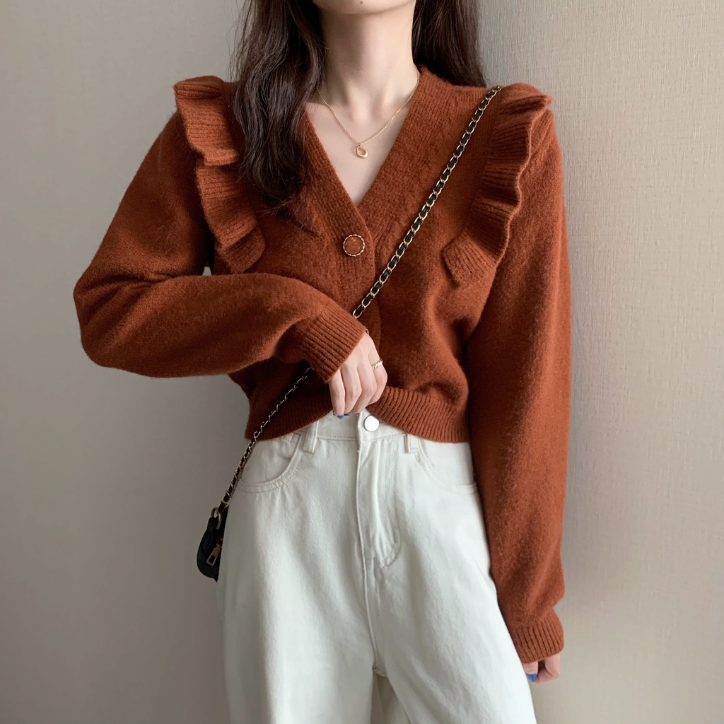 Áo cardigan dệt kim ZHELIHANGFEI cổ chữ V dáng ôm phong cách retro dành cho nữ
