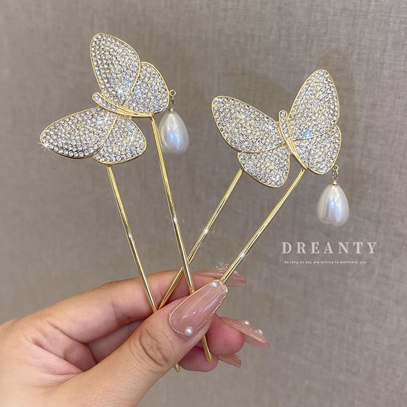 Trâm Cài Tóc Hình Bướm Đính Đá Ngọc Trai Phong Cách Trung Hoa Đơn Giản Thời Trang Mới