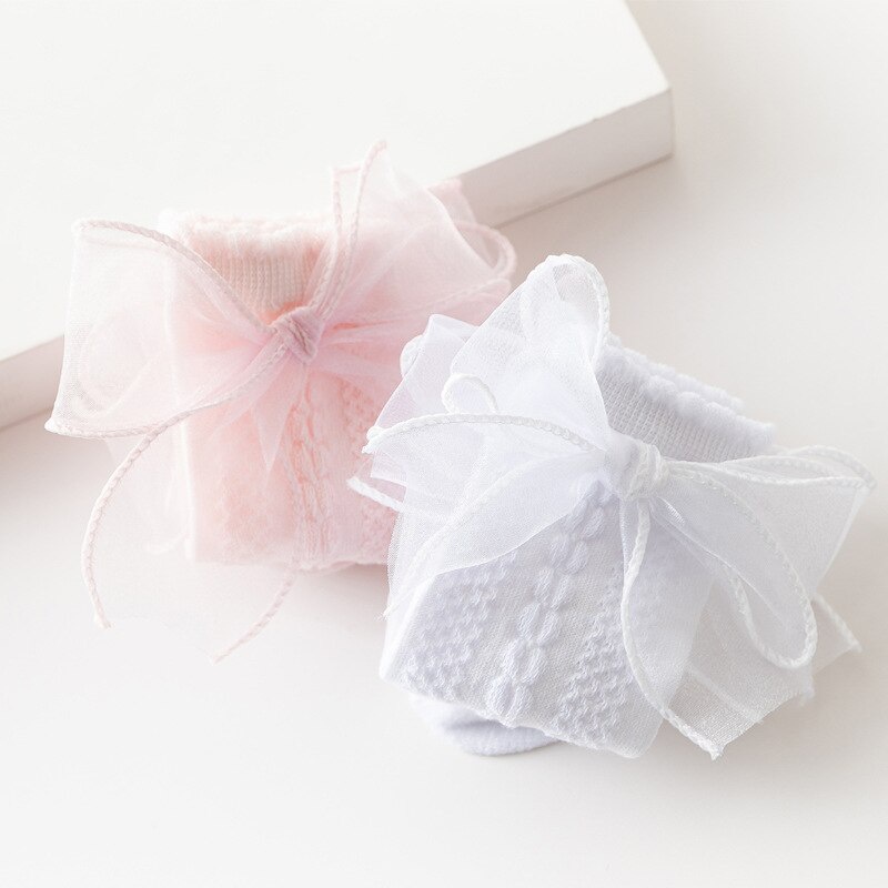 Vớ Cotton mềm cao qua gối đính nơ phối lưới thoáng khí phong cách Lolita xinh xắn cho bé