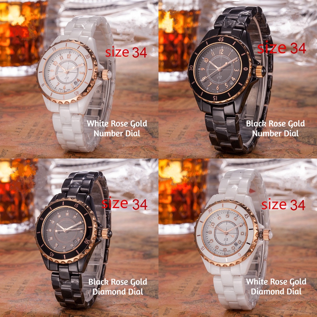 ĐỒNG HỒ NỮ UNISEX DÂY ĐÁ CERAMIC -MÀU ĐEN/TRẮNG - VỎ ROSEGOLD - SIZE 34MM / 40MM