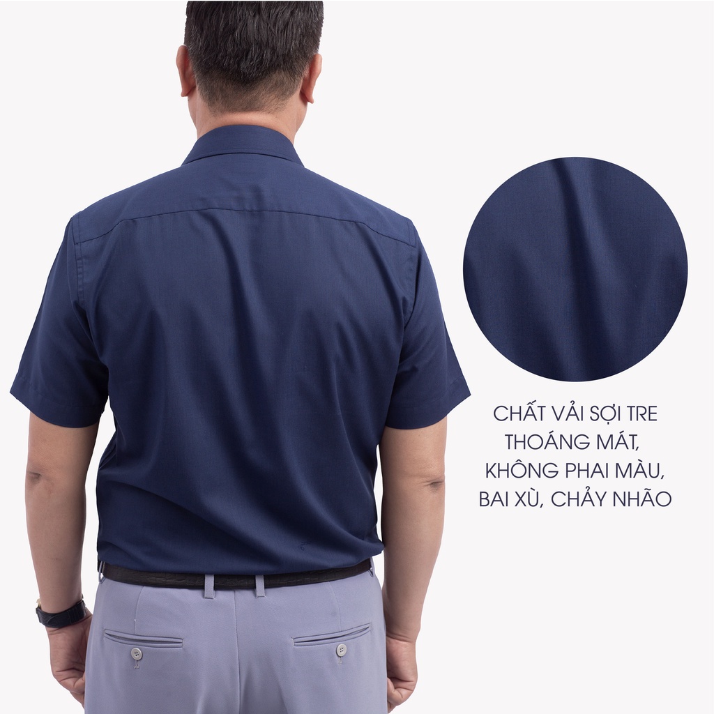 Áo Sơ Mi Nam Ngắn Tay Trung Niên ANCHI Màu Xanh Than Trơn Vải Sợi Tre Cao Cấp