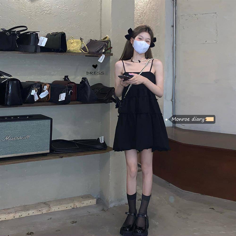 Váy babydoll Đầm Ngắn Hai Dây Màu Đen Thời Trang Mùa Hè 2021 Dành Cho Nữ