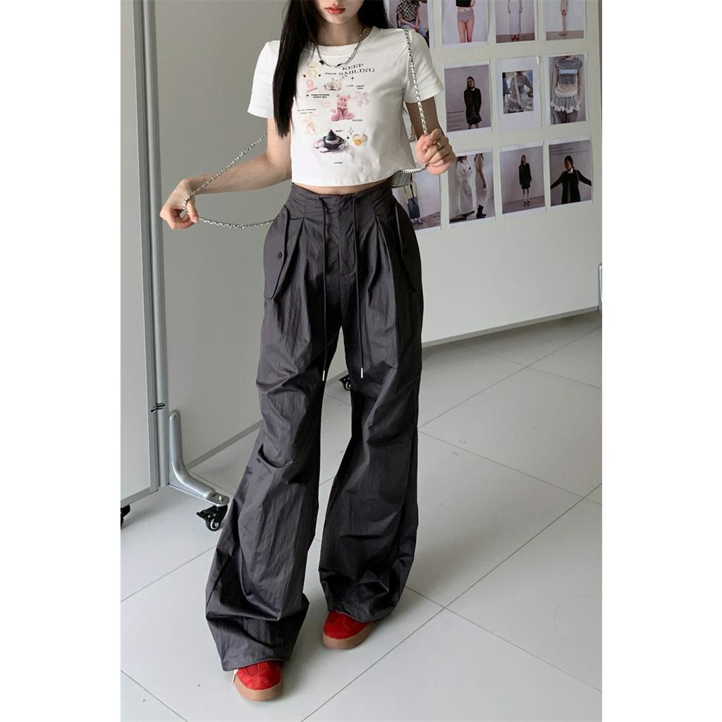 QADCOL Quần ống rộng Màu Đen Phong Cách retro Thời Trang Mùa Hè Dành Cho Nữ