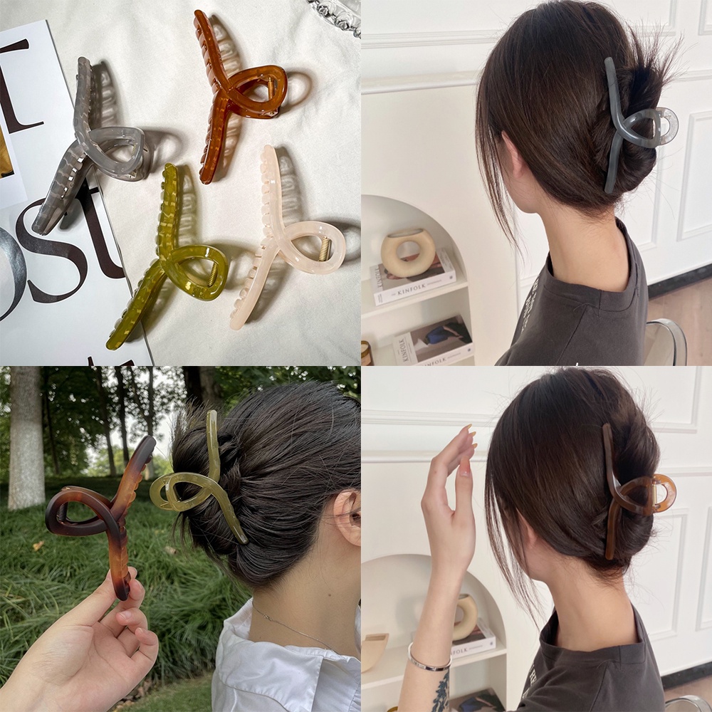 Kẹp tóc hàm cá mập bằng acrylic màu trơn cỡ lớn phong cách retro thanh lịch cho nữ