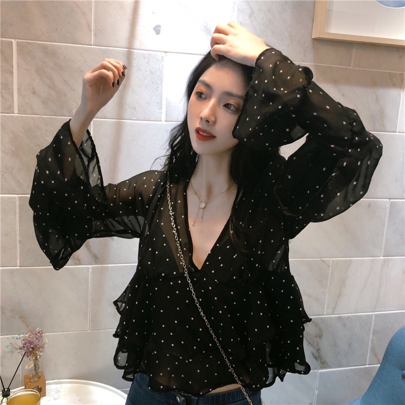 Áo Chiffon Cổ Chữ V Dáng Rộng Tay Loe In Họa Tiết Chấm Bi Phối Bèo Màu Trong Suốt Kiểu Hàn Quốc Thời Trang Mùa Hè Cho Bạn Gái