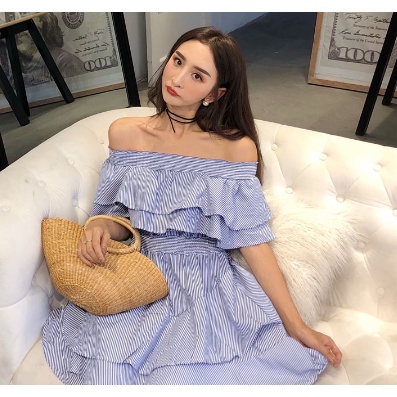 Thanh lý & Pass - Đầm Ngắn Trễ Vai Cổ V Họa Tiết Kẻ Sọc ĐEN TRẮNG Thời Trang Mùa Hè Cho Nữ New