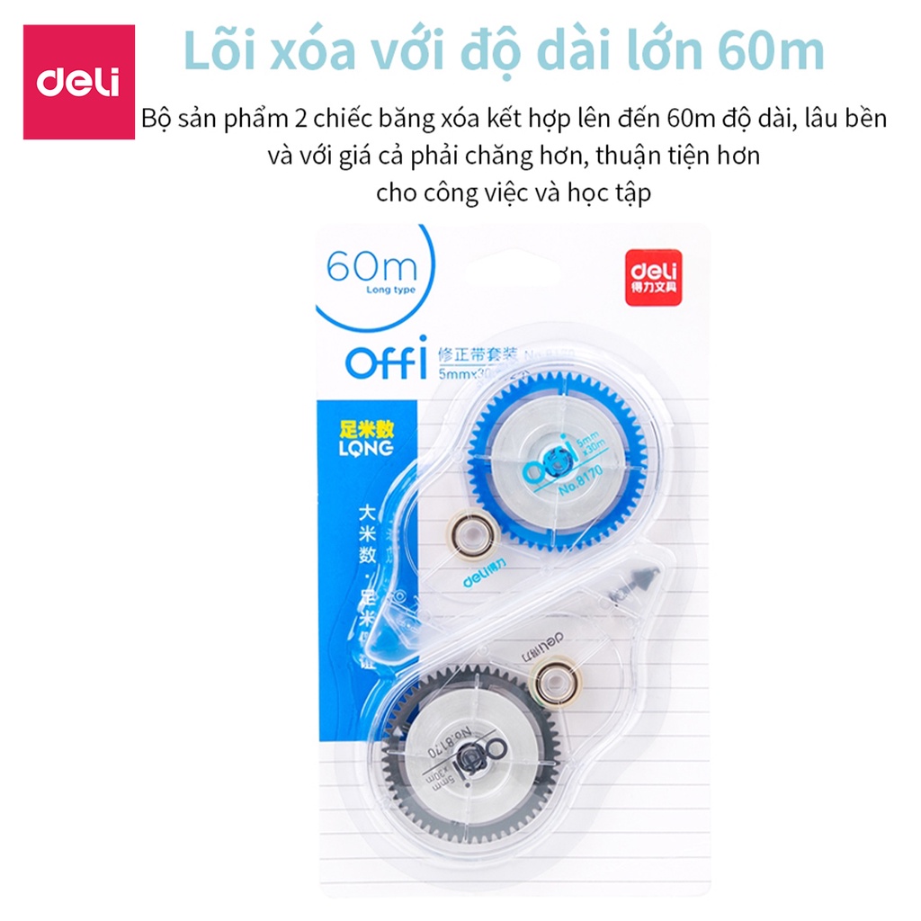 Set bút xóa băng cao cấp Deli Dài 30m/c - 2 chiếc/vỉ - 8170 .